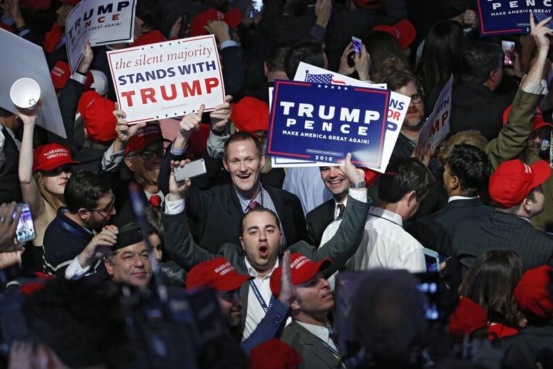 Supporters cheer for US President-elect Donald Trump at his 2016 US presidential Election Night event. Shawn Thew / EPA