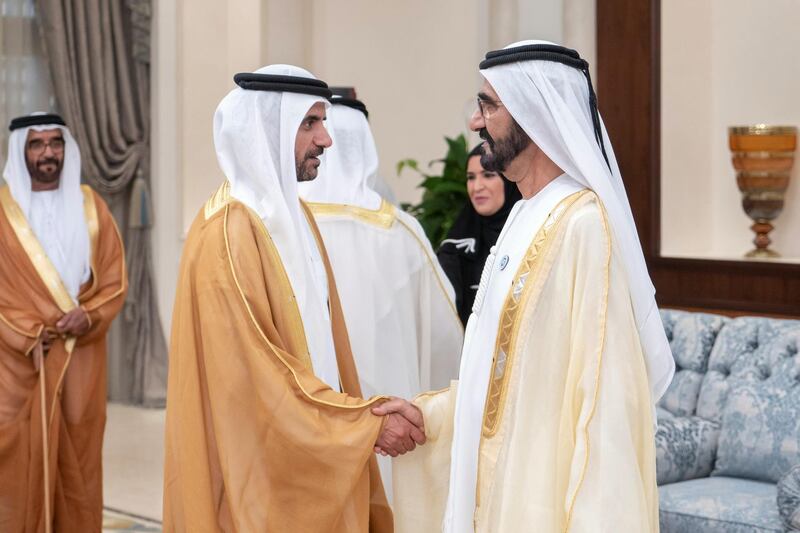 ABU DHABI, UNITED ARAB EMIRATES - August 21, 2018: HH Sheikh Mohamed bin Rashid Al Maktoum, Vice-President, Prime Minister of the UAE, Ruler of Dubai and Minister of Defence (R), greets HH Sheikh Ahmed bin Saif bin Mohamed Al Nahyan (2nd R), during an Eid Al Adha reception at Mushrif Palace. 


(Rashed Al Mansoori / Crown Prince Court - Abu Dhabi )
---