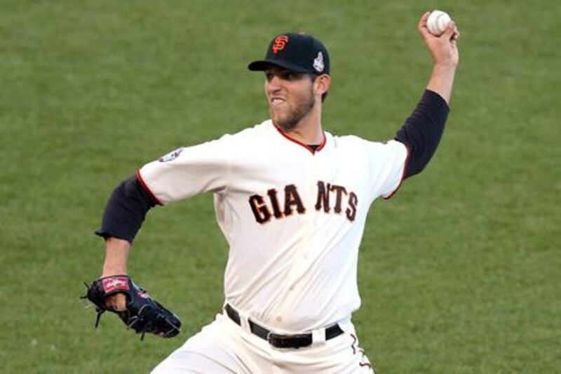 San Francisco Giants' pitcher Madison Bumgarner throws against the Detroit Tigers in game two of the World Series