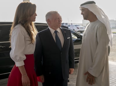 Sheikh Mohamed bin Zayed Al Nahyan, Crown Prince of Abu Dhabi and Deputy Supreme Commander of the UAE Armed Forces bids farewell to King Abdullah II and Queen Rania of Jordan at the Presidential Airport in Abu Dhabi on February 26. Wam