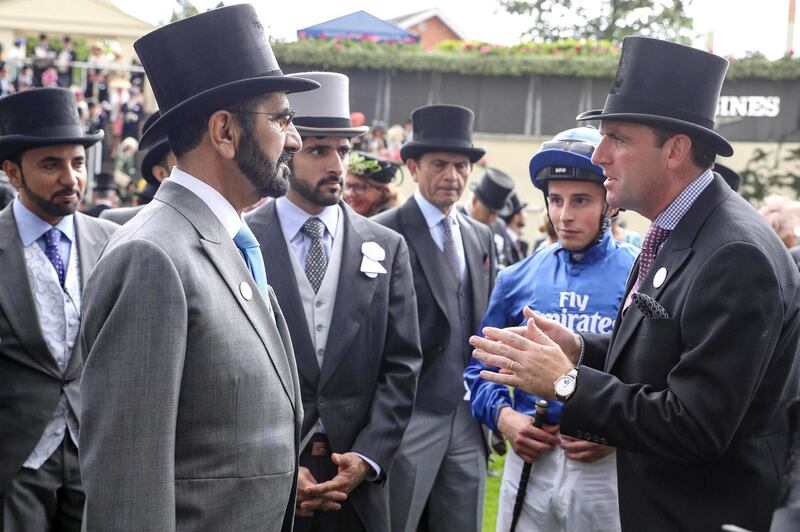 Mohamed Bin Rashid witnesses the achievement of Godolphin's team on first day of Royal Ascot horse race event. WAM
