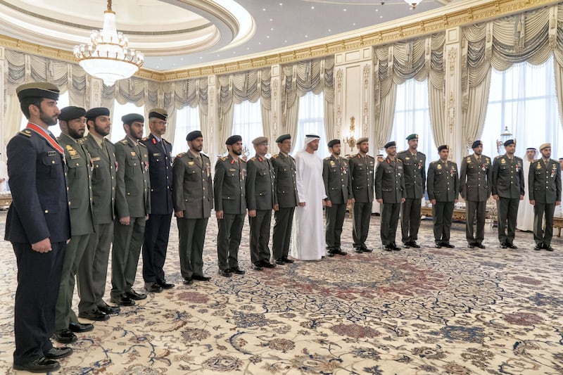 ABU DHABI, UNITED ARAB EMIRATES - October 14, 2019: HH Sheikh Mohamed bin Zayed Al Nahyan, Crown Prince of Abu Dhabi and Deputy Supreme Commander of the UAE Armed Forces (10th L) stands for a photograph with members of the UAE Armed Forces, during a Sea Palace barza.

( Rashed Al Mansoori / Ministry of Presidential Affairs )
---