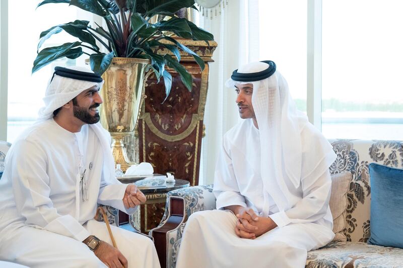 ABU DHABI, UNITED ARAB EMIRATES - October 16, 2018: HH Sheikh Hazza bin Zayed Al Nahyan, Vice Chairman of the Abu Dhabi Executive Council (R), speaks with Majed Ali Al Khateri (L), during a Sea Palace barza.

( Mohamed Al Hammadi / Crown Prince Court - Abu Dhabi )
---