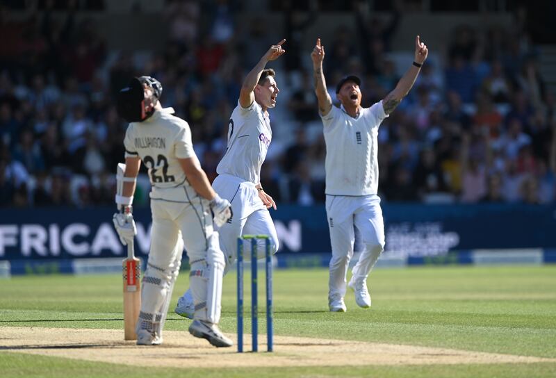 New Zealand batsman Kane Wiliamson shows his frustration after losing his wicket to England's Matthew Potts. Getty