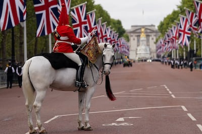 A military horse on The Mall ahead of the ceremonial procession of the coffin of Queen Elizabeth II from Buckingham Palace to Westminster Hall, London, on Wednesday. Reuters 