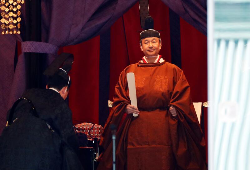 Japan's Emperor Naruhito makes his appearance during a ceremony to proclaim his enthronement to the world, called Sokuirei-Seiden-no-gi, at the Imperial Palace in Tokyo, Japan, October 22, 2019. Reuters