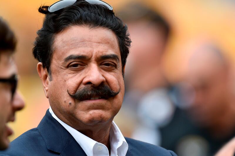 FILE - In this Sunday, Oct. 8, 2017 file photo, Jacksonville Jaguars owner Shahid Khan on the sidelines as the team warms up before of an NFL football game against the Pittsburgh Steelers, in Pittsburgh. The English Football Association received an offer on Thursday April 26, 2018, to buy Wembley Stadium, from Jacksonville Jaguars and Fulham owner Shahid Khan. (AP Photo/Don Wright, File)