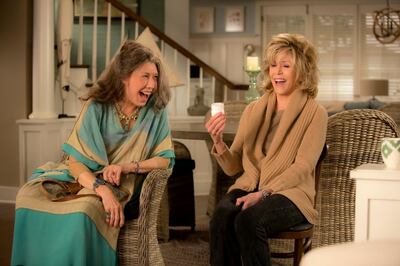 A handout photo of Lily Tomlin and Jane Fonda in the Netflix original series "Grace and Frankie." (Melissa Moseley / Netflix) *** Local Caption ***  al13ma-marta-kauffman02.jpg