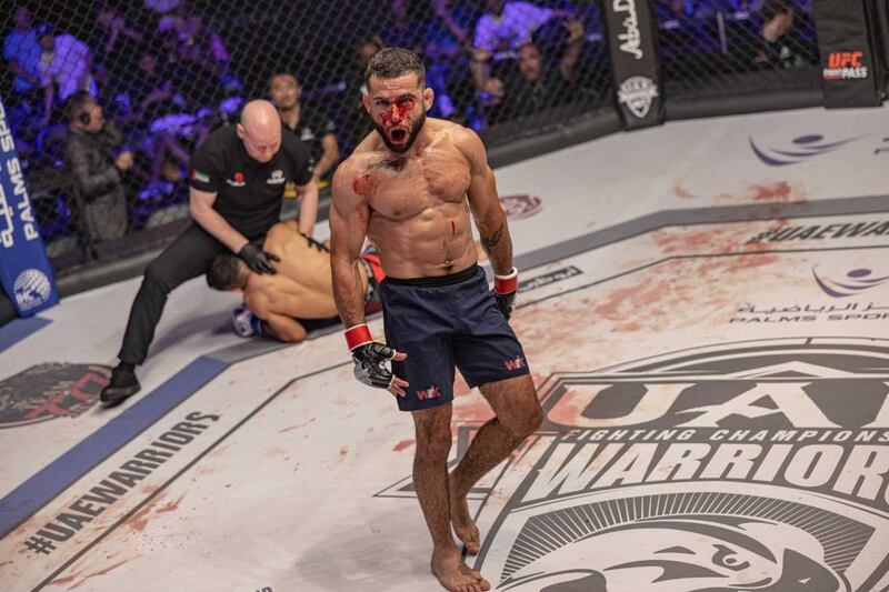 Xavier Alaoui reacts after finishing off Fabricio Sarraff to win the UAE Warriors Arabia Bantamweight title at Etihad Arena, Yas Island, Abu Dhabi. All photos: UAE Warriors