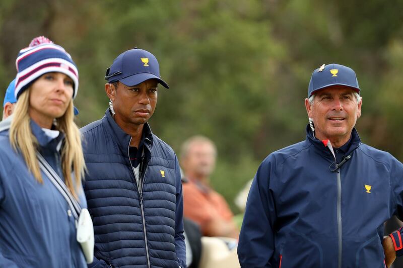 Playing Captain Tiger Woods of the United States team and assistant Captain Fred Couples during Saturday afternoon foursomes matches on day three .Getty