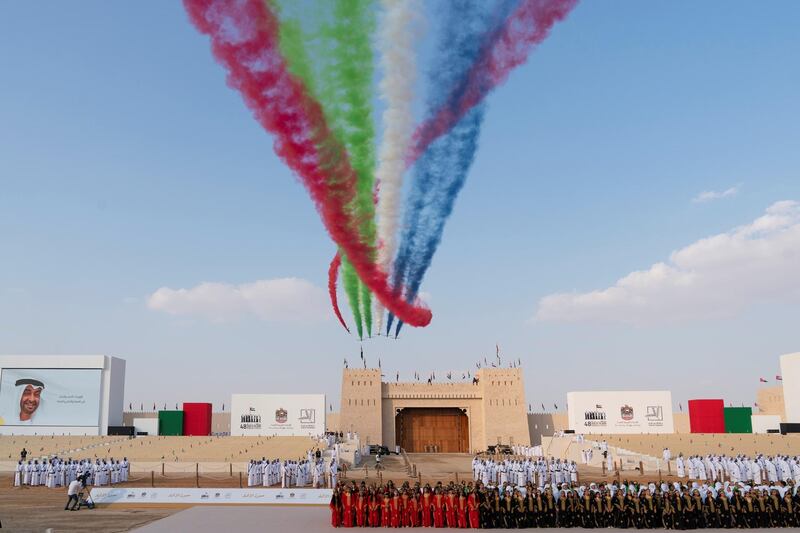 AL WATHBA, ABU DHABI, UNITED ARAB EMIRATES - December 03, 2019: Al Forsan aerobatic team perform a flyby during the Sheikh Zayed Heritage Festival.

( Mohamed Al Hammadi / Ministry of Presidential Affairs )
---