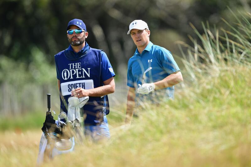 SOUTHPORT, ENGLAND - JULY 23:  Jordan Spieth of the United States with his caddie Michael Greller on the 1st hole during the final round of the 146th Open Championship at Royal Birkdale on July 23, 2017 in Southport, England.  (Photo by Stuart Franklin/Getty Images)