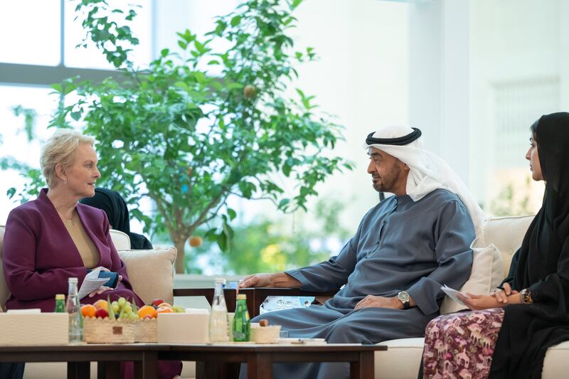 President Sheikh Mohamed receives Cindy McCain, executive director of the World Food Programme prior to a meeting. UAE Presidential Court