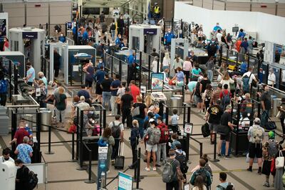 Security queues at Denver International Airport Tuesday. AP