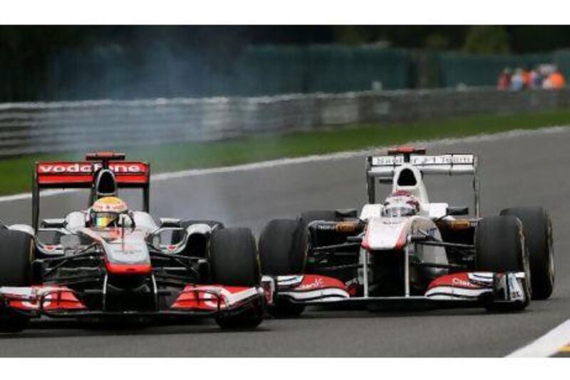 Lewis Hamilton, top left, has the inside line for the next corner ahead but chose to come in, and expected Kamui Kobayashi to back off.