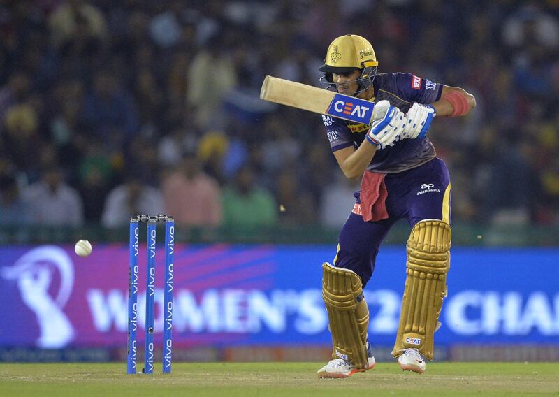 Kolkata Knight Riders's Shubman Gill plays a shot during the 2019 Indian Premier League (IPL) Twenty20 cricket match between Kings XI Punjab and Kolkata Knight Riders at The Punjab Cricket Association Stadium in Mohali on May 3, 2019. (Photo by Sajjad HUSSAIN / AFP) / ----IMAGE RESTRICTED TO EDITORIAL USE - STRICTLY NO COMMERCIAL USE-----