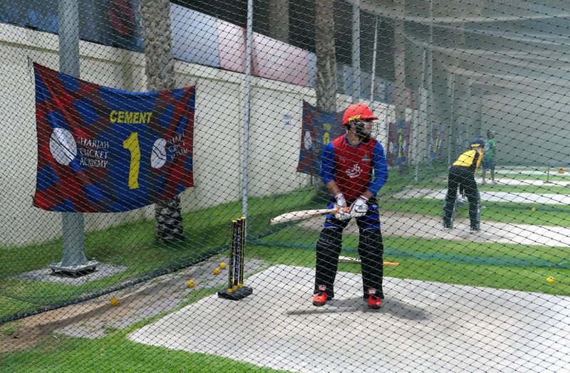 Hassan Khan the son of Afghanistan/IPL star Mohammed Nabi, during the training at Sharjah Cricket Academy in Sharjah on May 10,2021. Pawan Singh / The National. Story by Paul