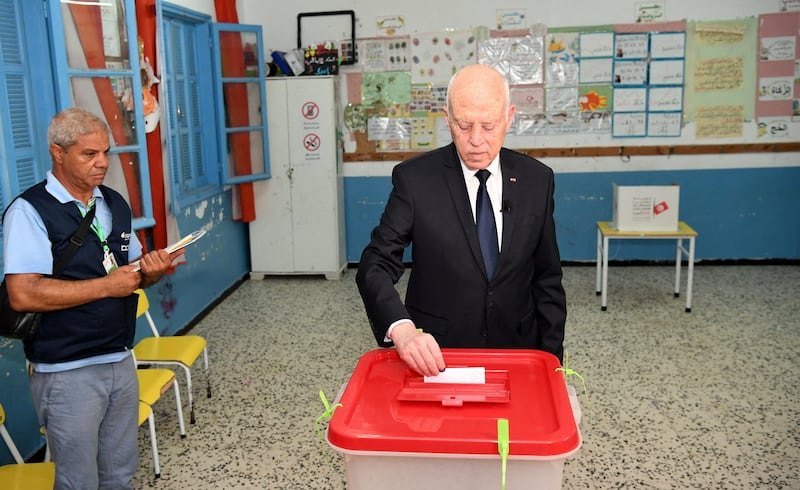 Tunisia's President Kais Saied casts his ballot at a polling station, during a referendum on a new constitution, in Tunis, Tunisia. Reuters
