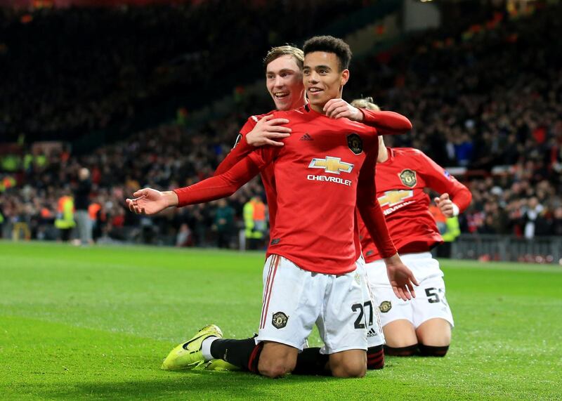 Manchester United's Mason Greenwood celebrates scoring their fourth goal against AZ Alkmaar in the Europa League at Old Trafford Reuters