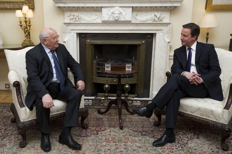 Gorbachev holds talks with British Prime Minister David Cameron in February 2011 at 10 Downing Street in London. PA