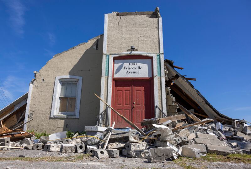 The destroyed La Vid Verdaderas Church in Arabi, Louisiana on Sunday, March 27, 2022.   The Times-Picayune / The New Orleans Advocate / AP