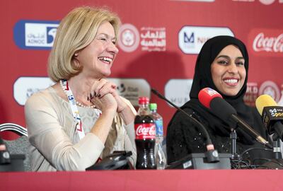 Abu Dhabi, United Arab Emirates - March 13, 2019: L-R Mary Davis, CEO of Special Olympics International, Her Excellency Hessa bint Essa Buhumaid, Minister of Community Development speak at the Special Olympics Opening Press Conference. Wednesday the 13th of March 2019 at ADNEC, Abu Dhabi. Chris Whiteoak / The National