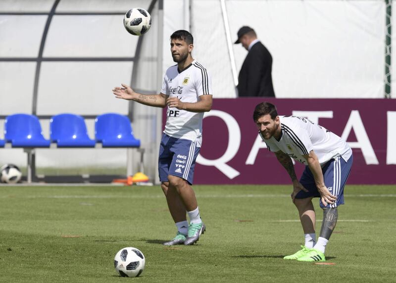 Argentina's forward Lionel Messi, right, and forward Sergio Aguero take part in a training session at the team's base camp in Bronnitsy, on June 25, 2018. Juan Mabromata / AFP