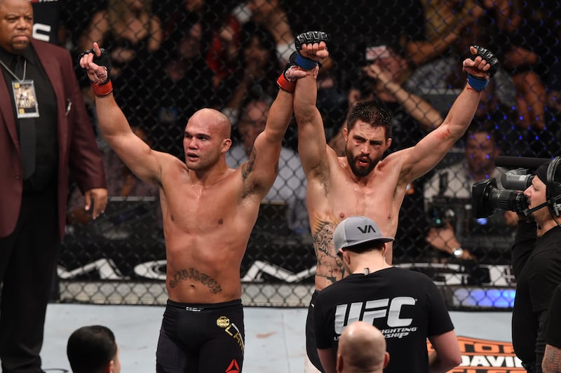 Robbie Lawler defended his UFC belt for a second time against Carlos Condit at UFC 195 event inside MGM Grand Garden Arena on January 2, 2016 in Las Vegas, Nevada. Getty Images