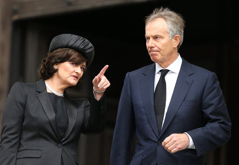 LONDON, ENGLAND - APRIL 17:  Former Prime Minister Tony Blair and his wife Cherie Blair leave the Ceremonial funeral of former British Prime Minister Baroness Thatcher at St Paul's Cathedral on April 17, 2013 in London, England. Dignitaries from around the world today join Queen Elizabeth II and Prince Philip, Duke of Edinburgh as the United Kingdom pays tribute to former Prime Minister Baroness Thatcher during a Ceremonial funeral with military honours at St Paul's Cathedral. Lady Thatcher, who died last week, was the first British female Prime Minister and served from 1979 to 1990  (Photo by Chris Jackson/Getty Images) *** Local Caption ***  166798192.jpg