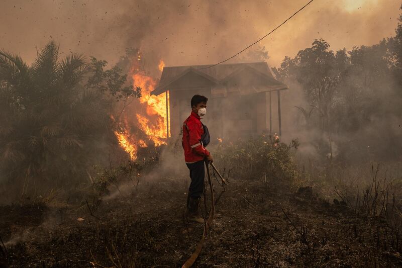 A firefighter prepare extinguish the fire on burned house and fields  in Pulang Pisau regency, Central Kalimantan, Indonesia. Getty