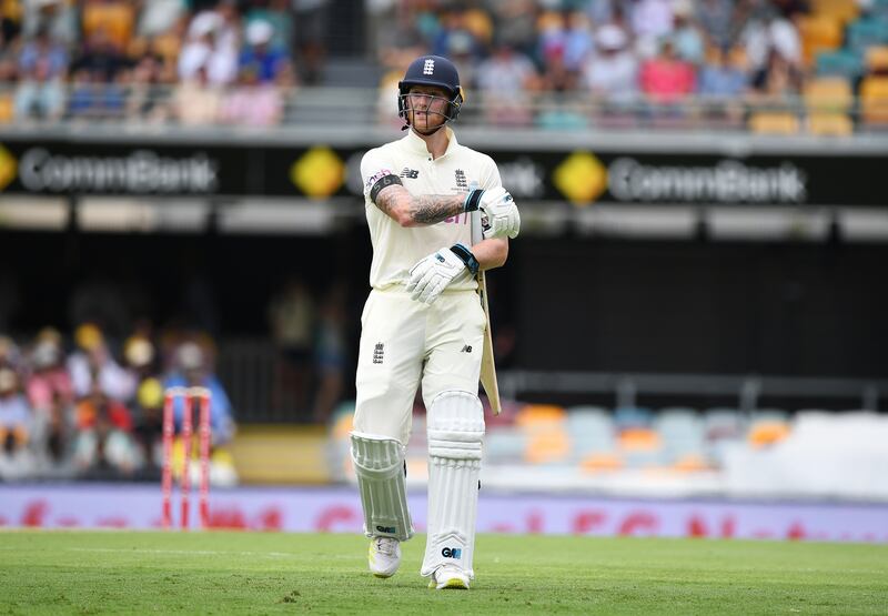 England batsman Ben Stokes leaves the field after his dismissal by Australian bowler Pat Cummins for 5 runs. EPA