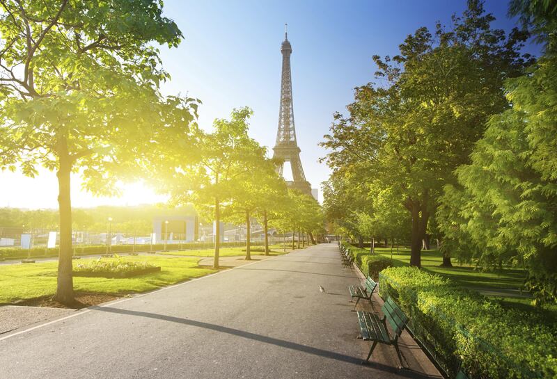 sunny morning and Eiffel Tower, Paris, France