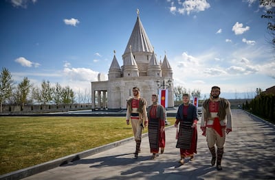 AKNALICH, ARMENIA - APRIL 14: Armenians leave the Quba Mere Diwane Temple, the worldÕs largest Yazidi Temple, on April 14, 2021 in Aknalich, Armenia. According to the 2011 census, there are 35,272 Yazidis in Armenia, making them Armenia's largest ethnic minority group. Photo by Kiran Ridley