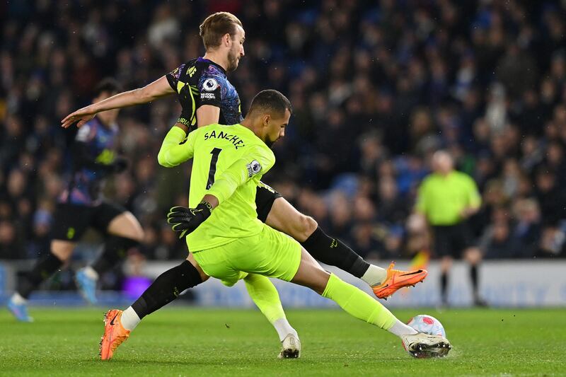 BRIGHTON RATINGS: Robert Sanchez - 5: Caught in possession by Kane early on and was relieved when England striker failed to finish. Wrong-footed by deflection on Spurs’ first goal, made it easy for Kane by charging off his line ahead of second. AFP