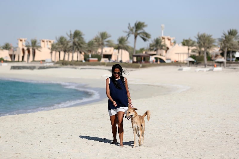 Dubai, United Arab Emirates - Reporter: Hayley Skirka. Features. Arthi with her foster dog Stretch. DubaiÕs dog-friendly Flopser Beach near Al Jazira Bungalows in Ghantoot officially launches. Friday, October 16th, 2020. Dubai. Chris Whiteoak / The National