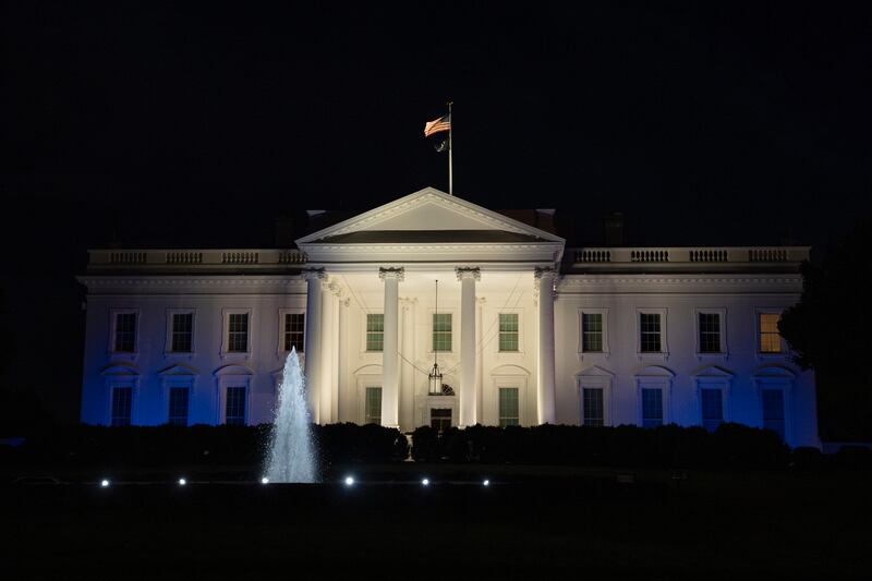 The White House on Monday was lit in blue and white, the colours of the Israeli flag. AP