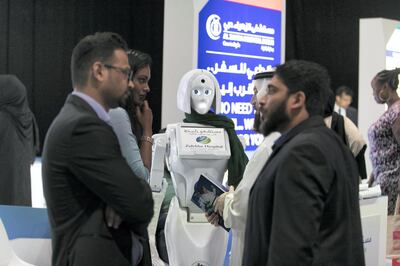 DUBAI, UNITED ARAB EMIRATES - Feb 21, 2018.
Zulekha Hospital displays an assistance robot at their booth in Dubai International Health Tourism Forum.

(Photo: Reem Mohammed/ The National)

Reporter: Nick Webster
Section: NA