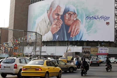 A billboard put up in Tehran this week showing IRGC commander Qassem Suleimani kissing his mother's hand. EPA
