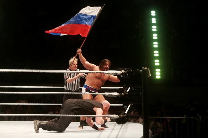 Erick Rowan fights Rusev during the main event of WWE Live at Zayed Sports City. Christopher Pike / The National