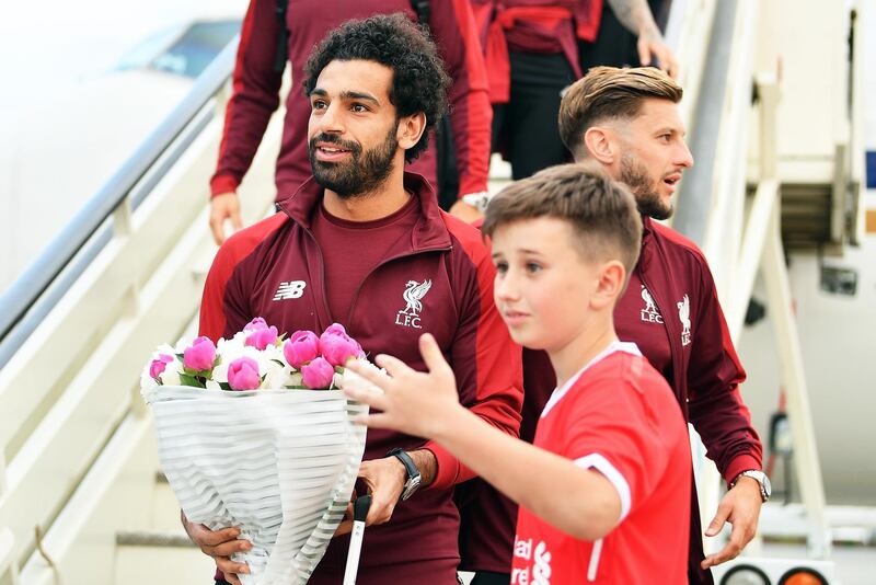 A handout photo made available by the UEFA of Liverpool's Mohamed Salah (L) arriving ahead of the UEFA Champions League final at IEV Airport in Kiev, Ukraine.  EPA / UEFA / HANDOUT