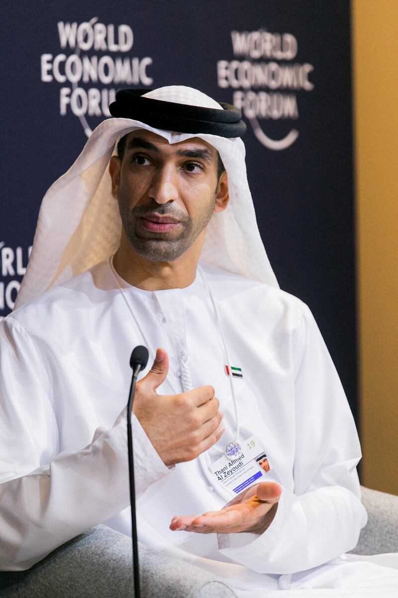 Thani Ahmed Al Zeyoudi, Minister of Climate Change and Environment of the United Arab Emirates speaking during the Session "Press Conference: Meet the Co-chairs " at the King Hussein Bin Talal Convention Centre before World Economic Forum on the Middle East and North Africa 2019. Copyright by World Economic Forum / Jakob Polacsek
