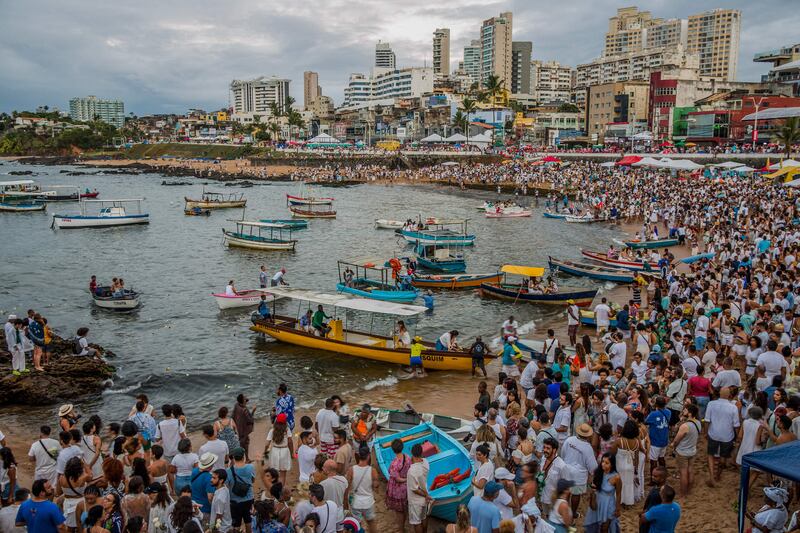 Worshippers take part in the traditional ceremony of Iemanja, the goddess of the sea of the syncretic Afro-Brazilian religion Umbanda, in Bahia, Brazil. AFP