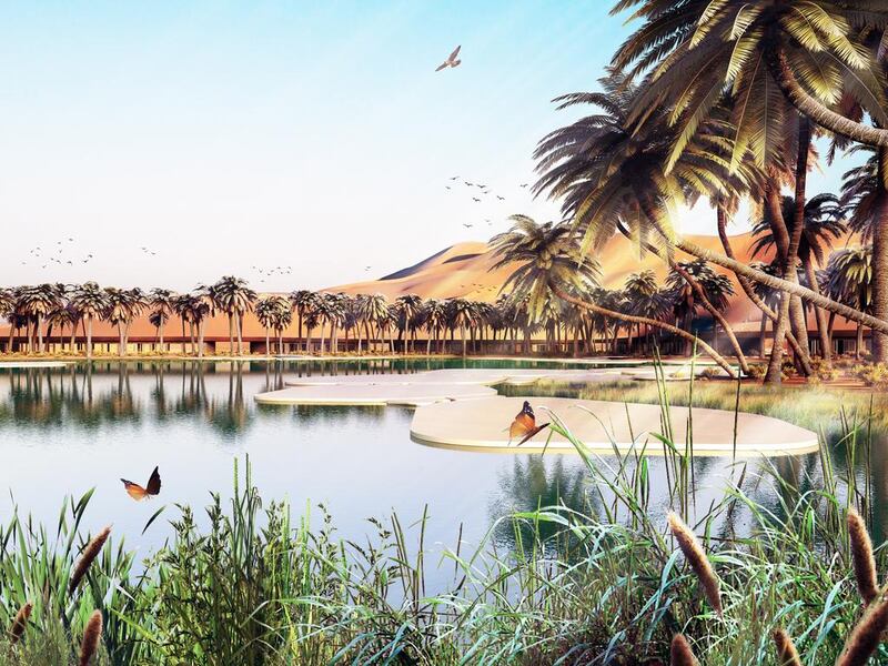 Four renderings of the Oasis Eco Resort, which is due to open in Liwa, Abu Dhabi, in 2020. Photos courtesy Baharash Architecture