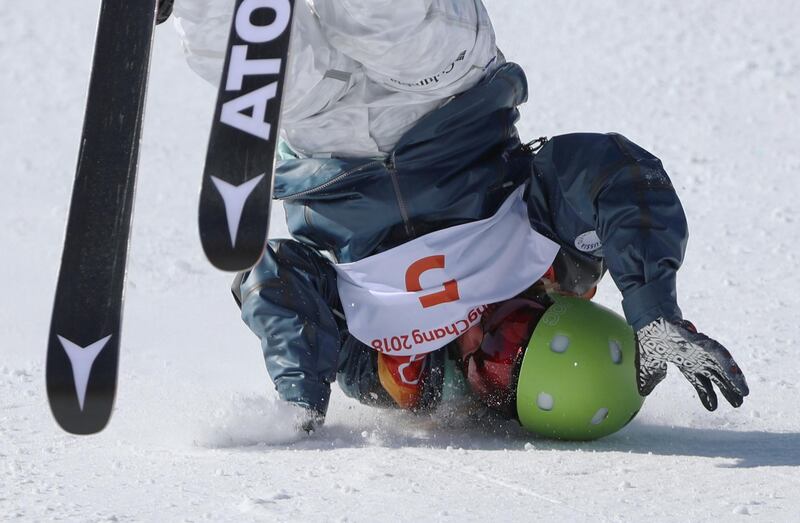 Anastasia Tatalina, an Olympic athlete from Russia, crashes in the Women's Ski Slopestyle Qualifications. Mike Blake / Reuters