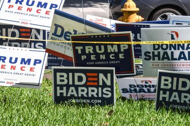 Trump-Pence and Biden-Harris signs are displayed outside The Coral Gables Branch Library in Miami, Florida. AFP 