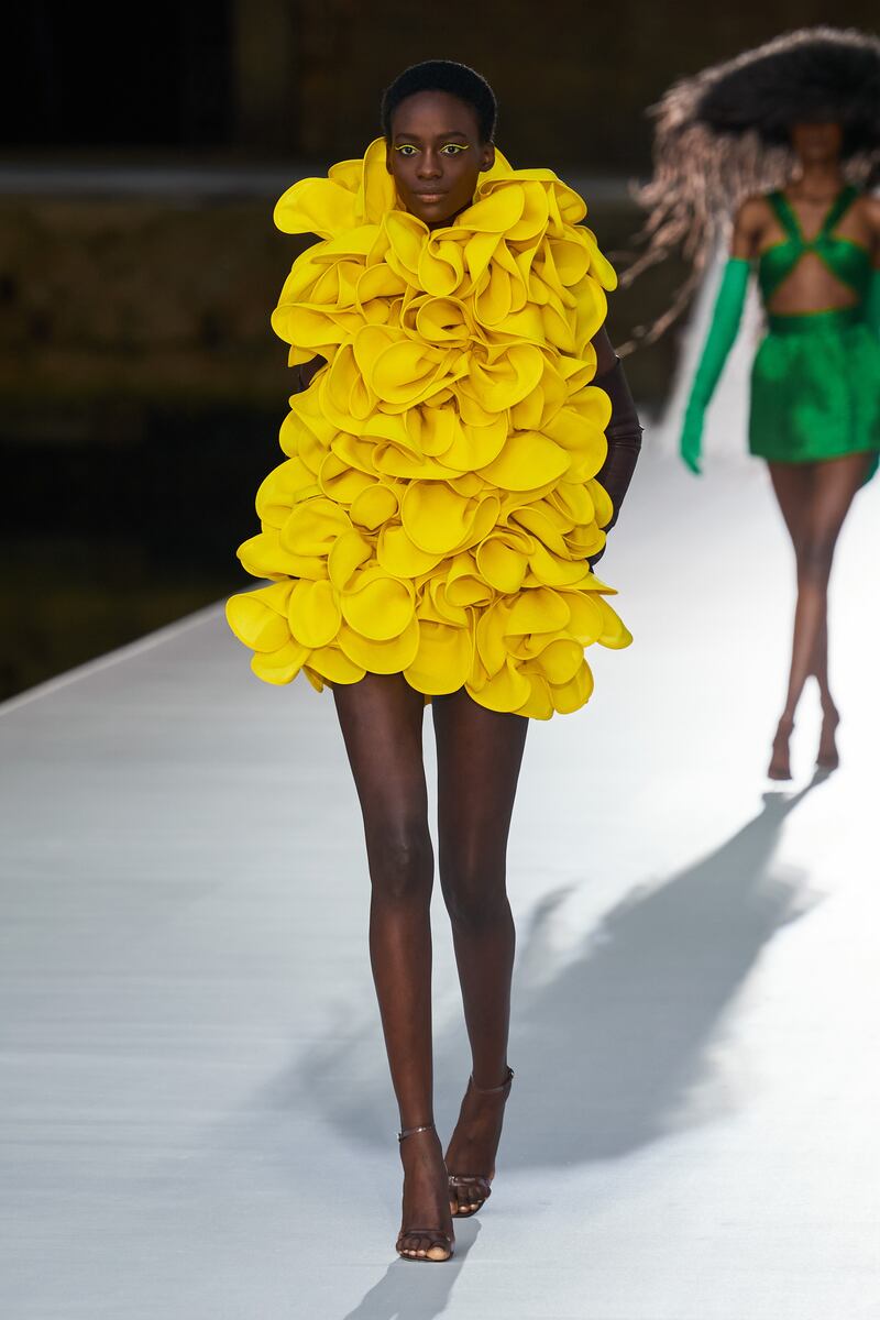 A cloud of chartreuse petals for Valentino autumn 2021 haute couture