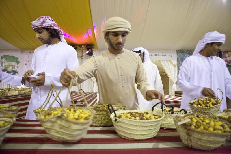 Competitors last year preparing for opening night at the Liwa Date Festival, the 10th edition of which opens on July 12, 2014. Razan Alzayani / The National 