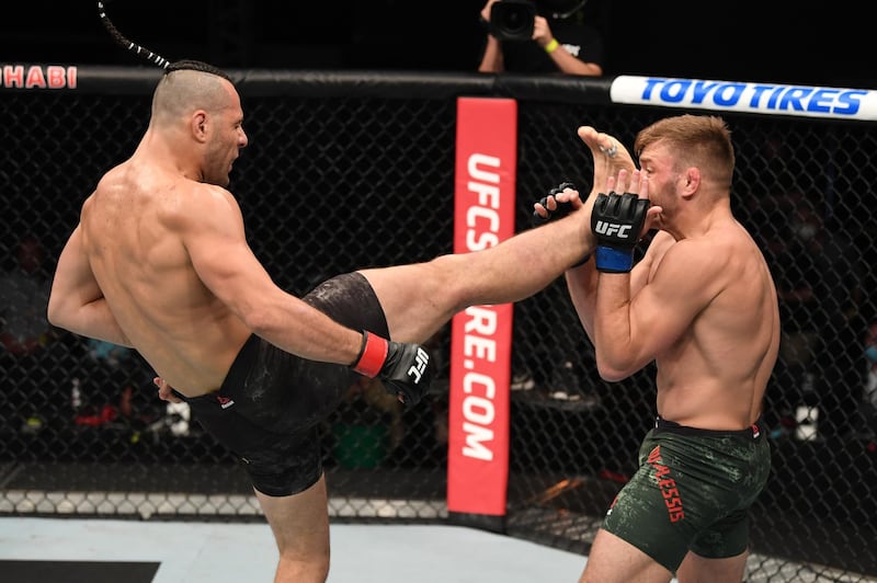 Brazilian fighter Markus Perez lands a kick on Dricus du Plessis of South Africa in their middleweight bout during UFC Fight Night in Abu Dhabi, on Sunday, October 11. Getty