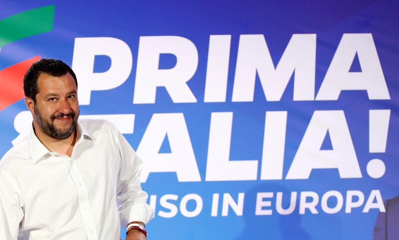 FILE PHOTO: Deputy Prime Minister and League party leader Matteo Salvini arrives to address a news conference at the League party headquarters, following the results of the European Parliament elections, in Milan, Italy May 27, 2019. REUTERS/Alessandro Garofalo/File Photo