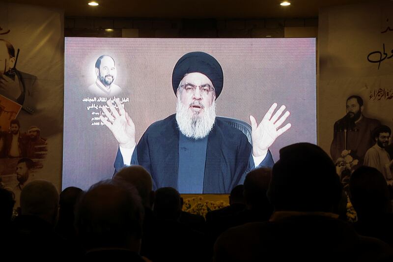 Lebanon's Hezbollah leader Hassan Nasrallah gives a televised address on Friday. Reuters